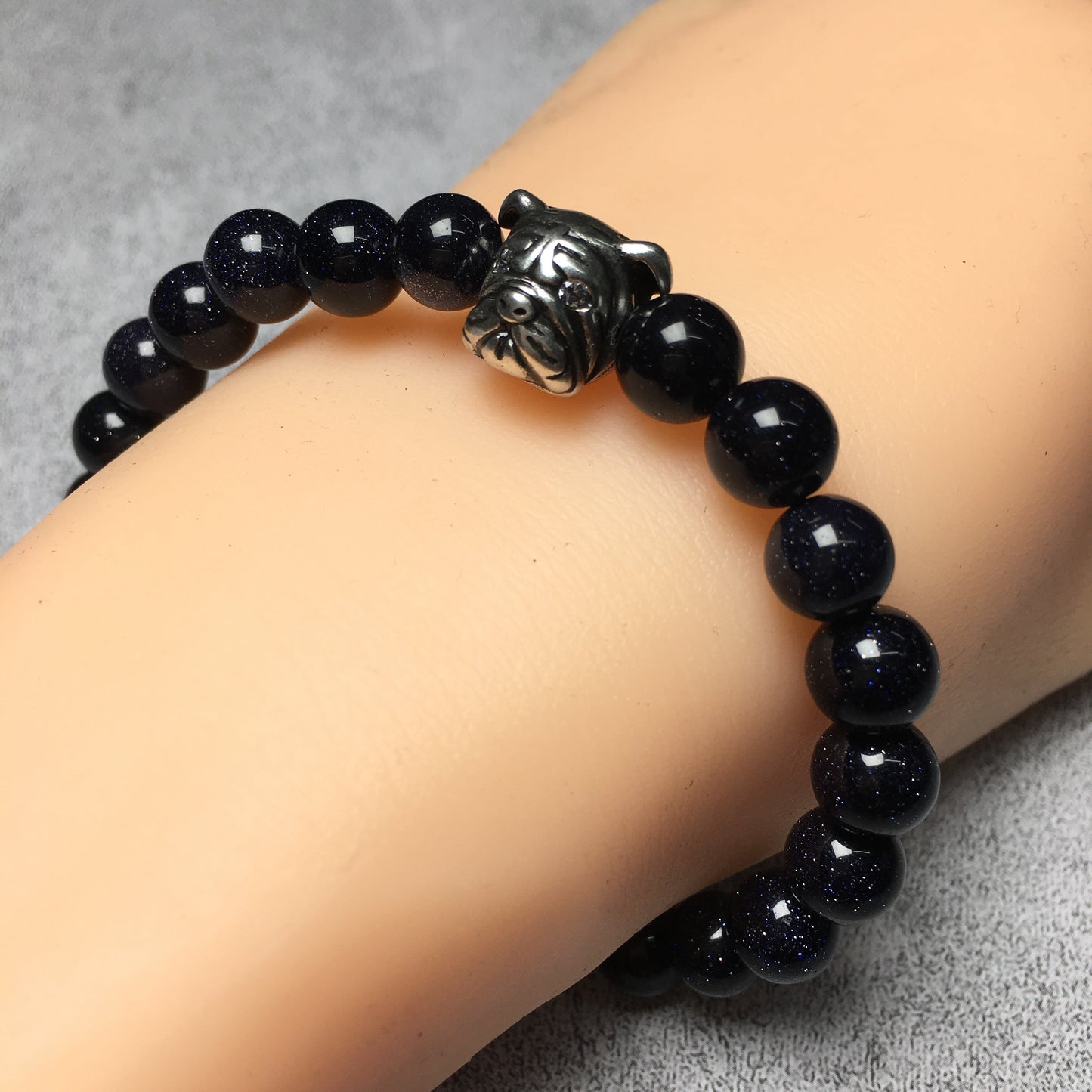 Blue Sandstone Gemstone Beaded Bracelet Elastic Adjustable Bracelet Bulldog Design