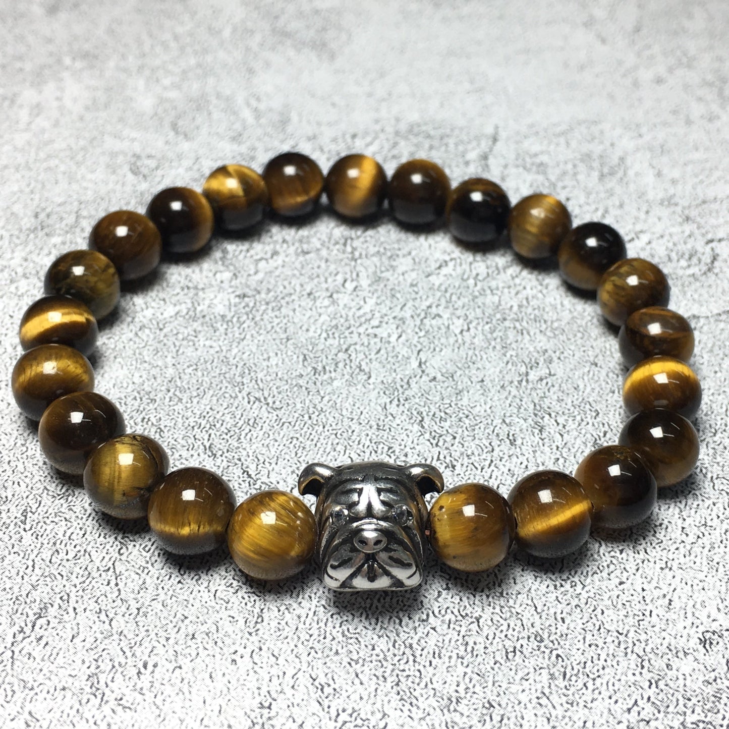 Tiger Eyes Gemstone Beaded Bracelet Elastic Adjustable Bracelet Bulldog Design
