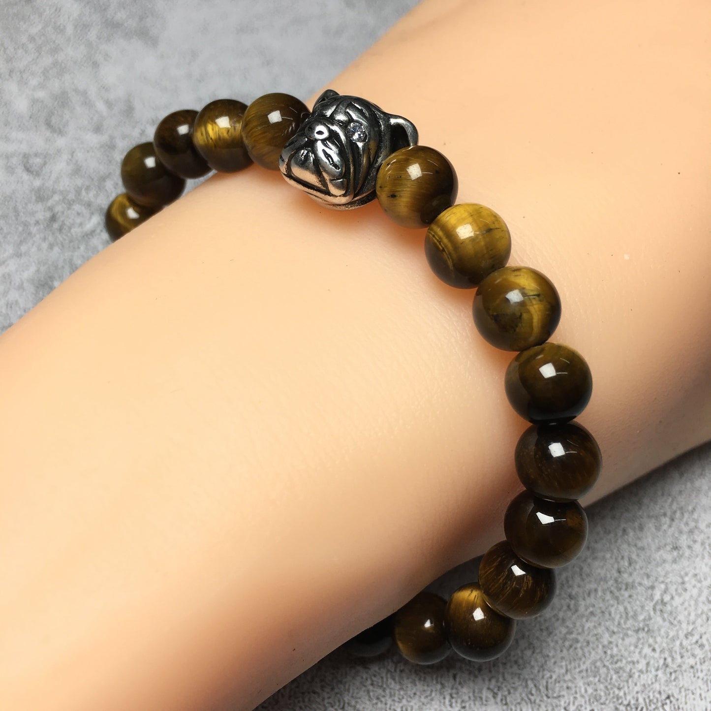 Tiger Eyes Gemstone Beaded Bracelet Elastic Adjustable Bracelet Bulldog Design
