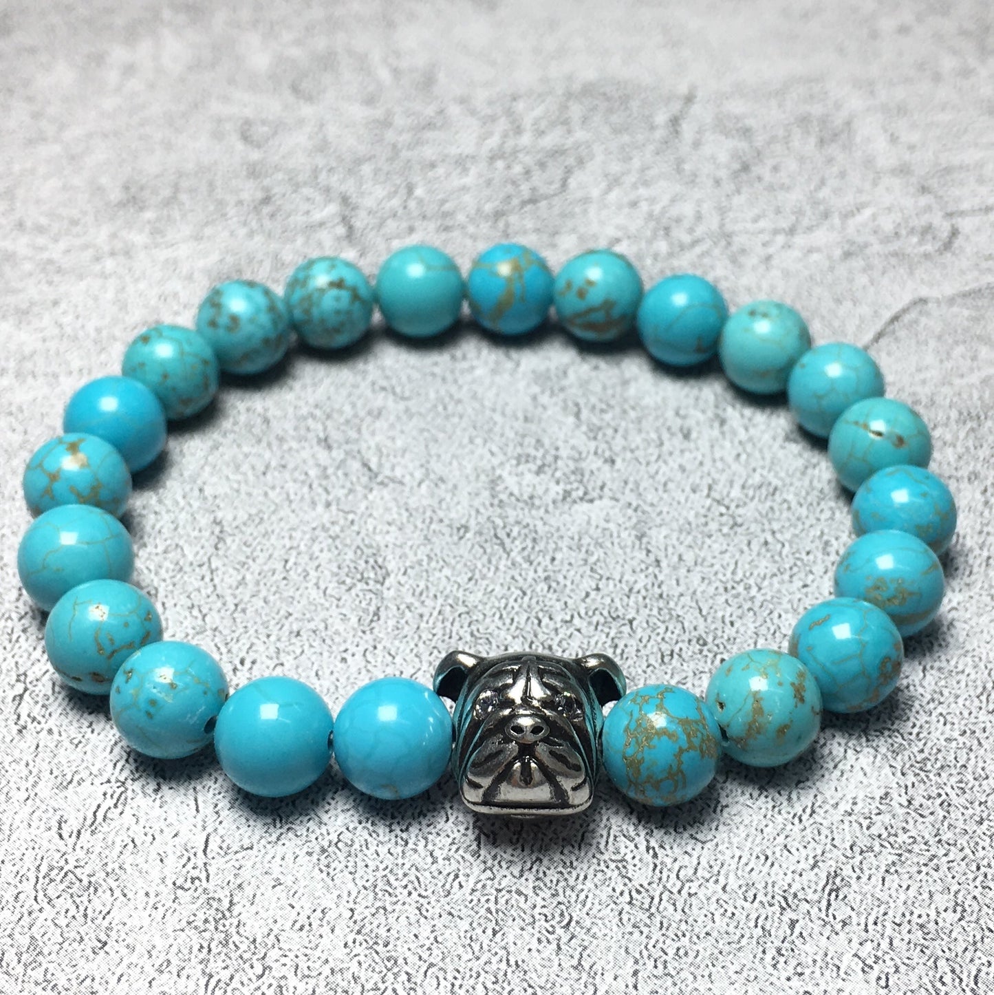 Blue Turquoise Gemstone Beaded Bracelet Elastic Adjustable Bracelet Bulldog Style