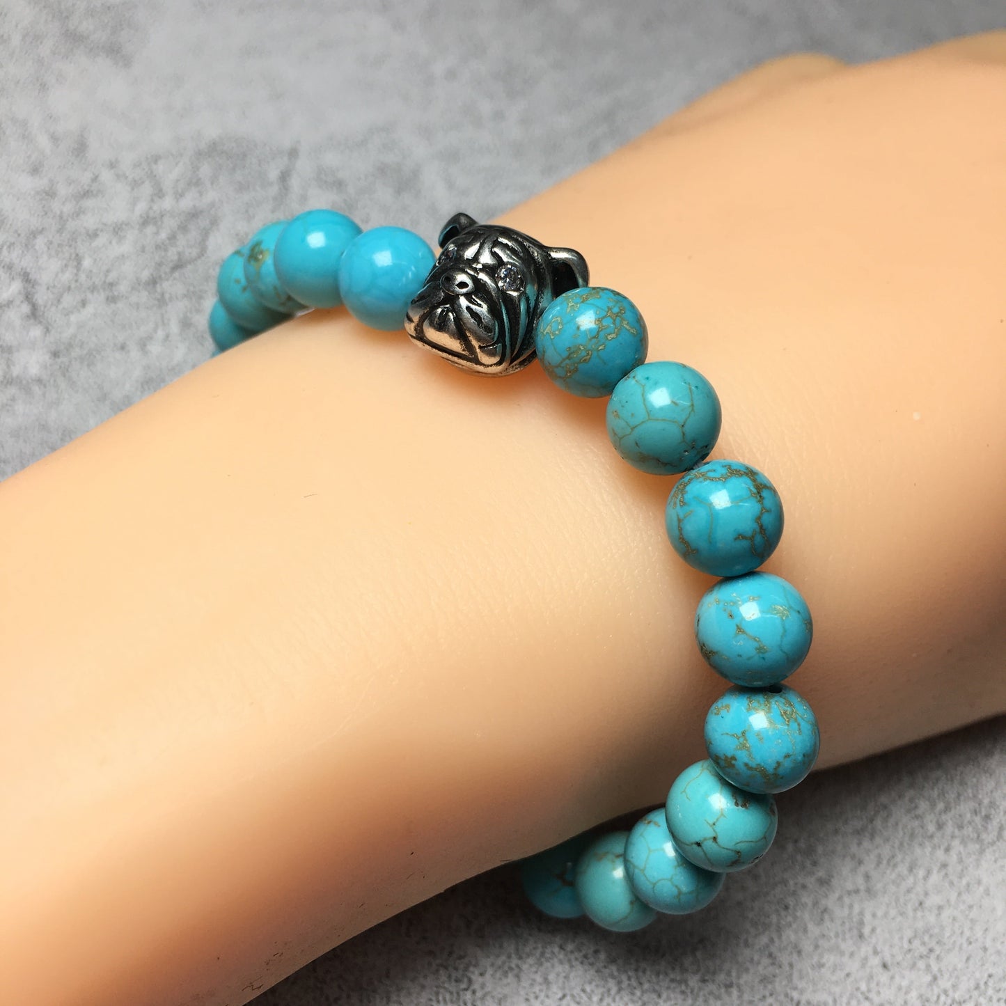 Blue Turquoise Gemstone Beaded Bracelet Elastic Adjustable Bracelet Bulldog Style