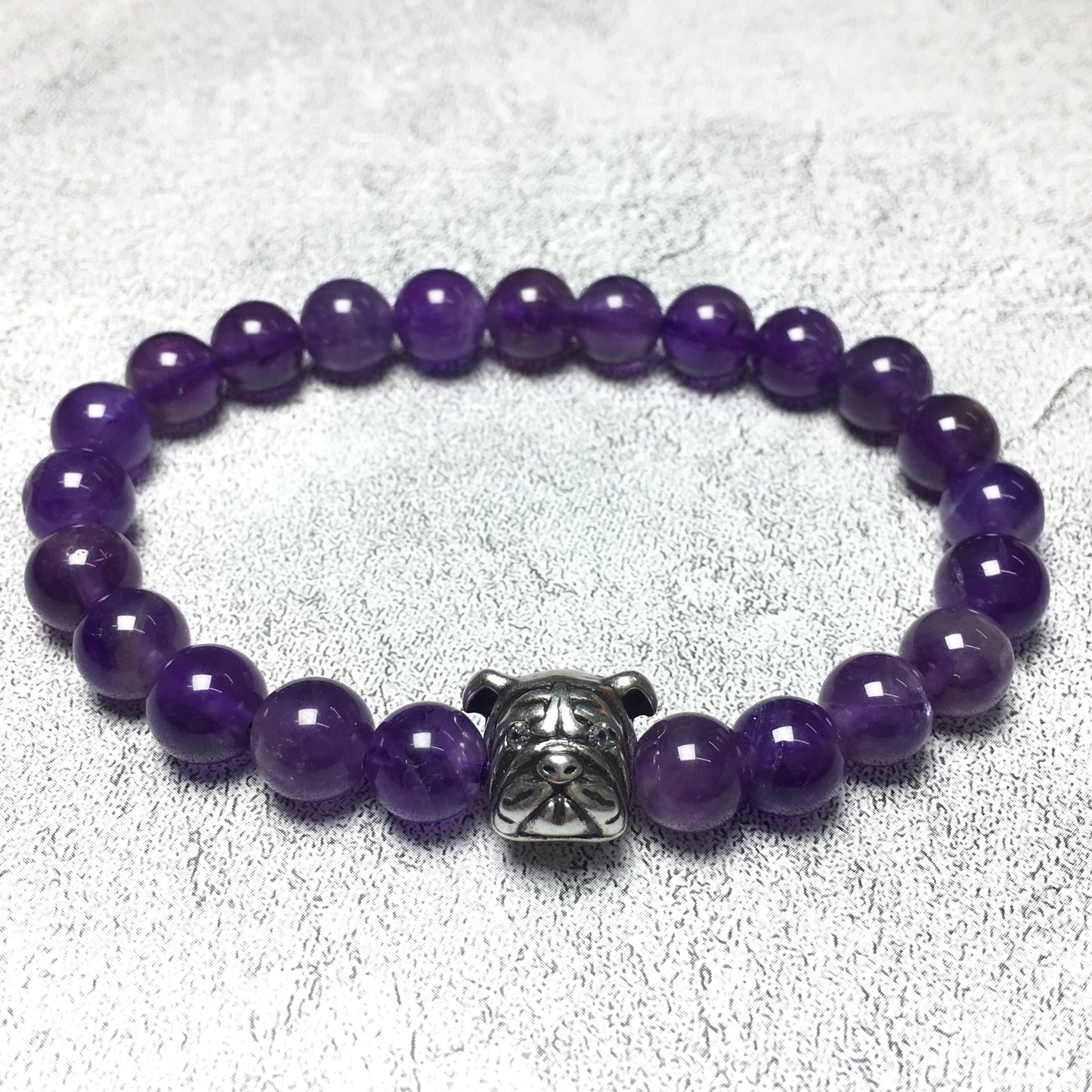 Purple Amethyst Gemstone Beaded Bracelet Elastic Adjustable Bracelet Bulldog Design