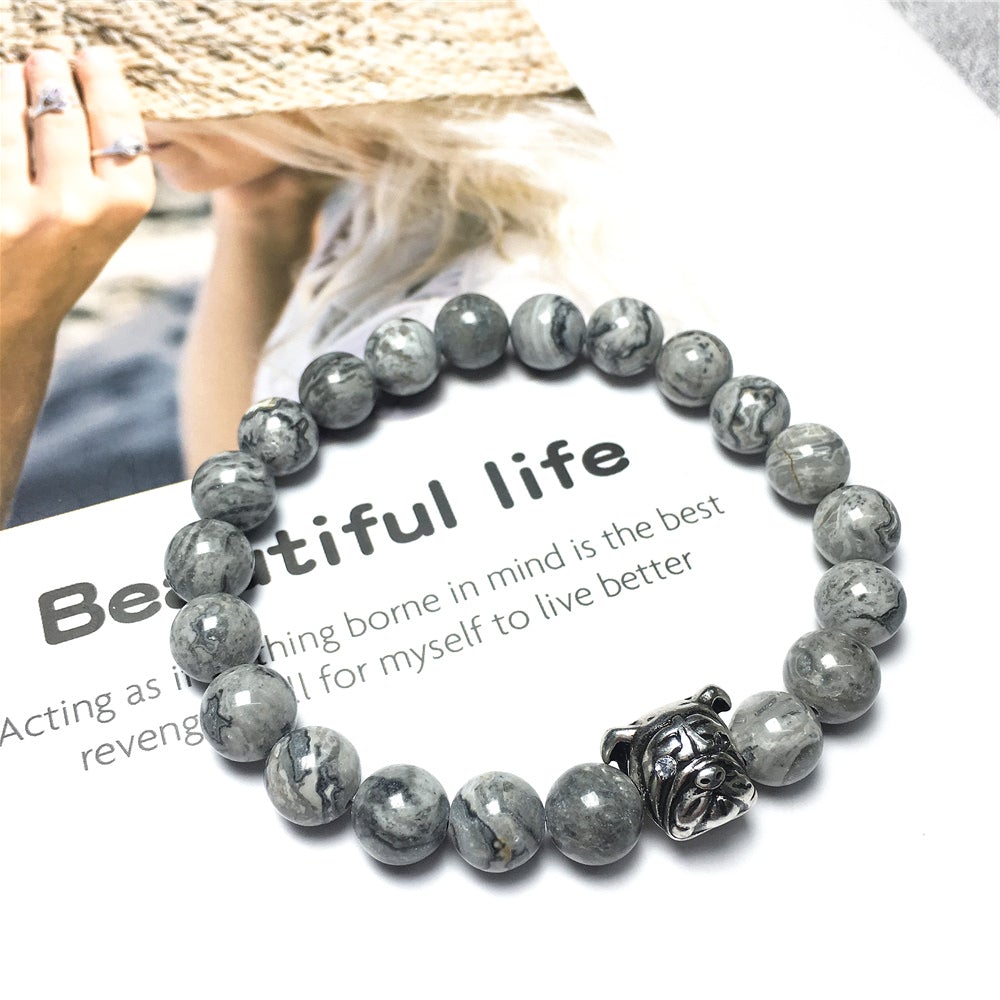 Map Stone Gemstone Beaded Bracelet Elastic Adjustable Bracelet Bulldog Style