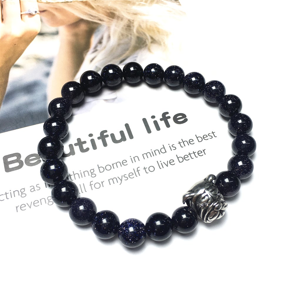 Blue Sandstone Gemstone Beaded Bracelet Elastic Adjustable Bracelet Bulldog Design
