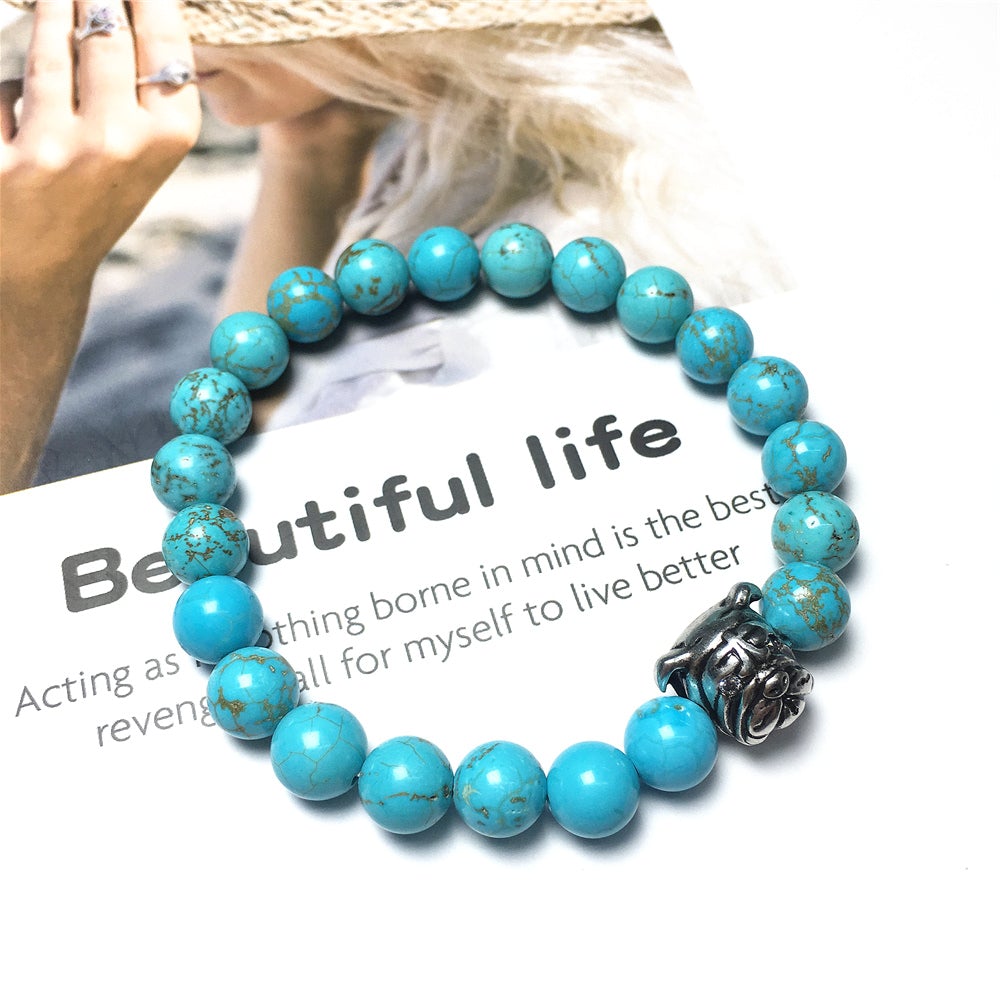 Blue Turquoise Gemstone Beaded Bracelet Elastic Adjustable Bracelet Bulldog Style