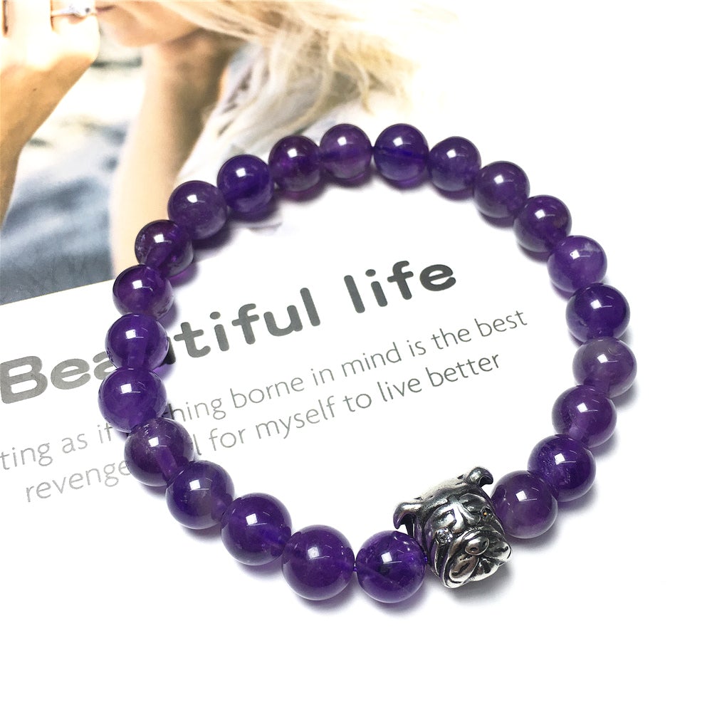 Purple Amethyst Gemstone Beaded Bracelet Elastic Adjustable Bracelet Bulldog Design