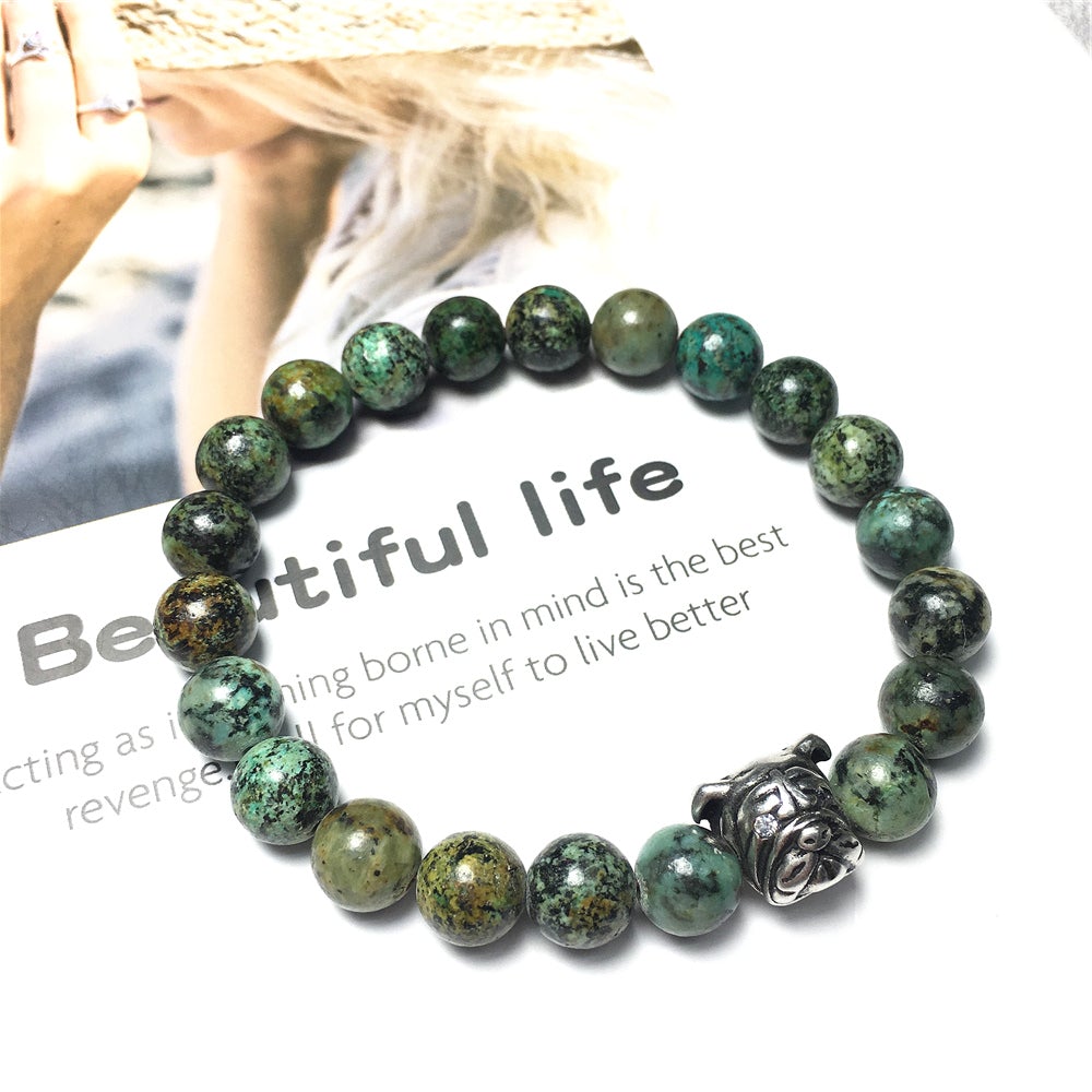 African Turqoiuse Gemstone Beaded Bracelet Adjustable Bracelet Bulldog Style
