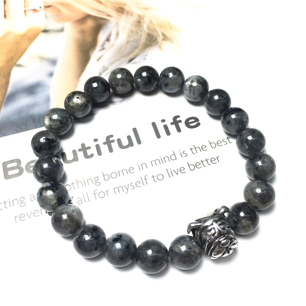 Labradorite Gemstone Beaded Bracelet Elastic Adjustable Bracelet Bulldog Style