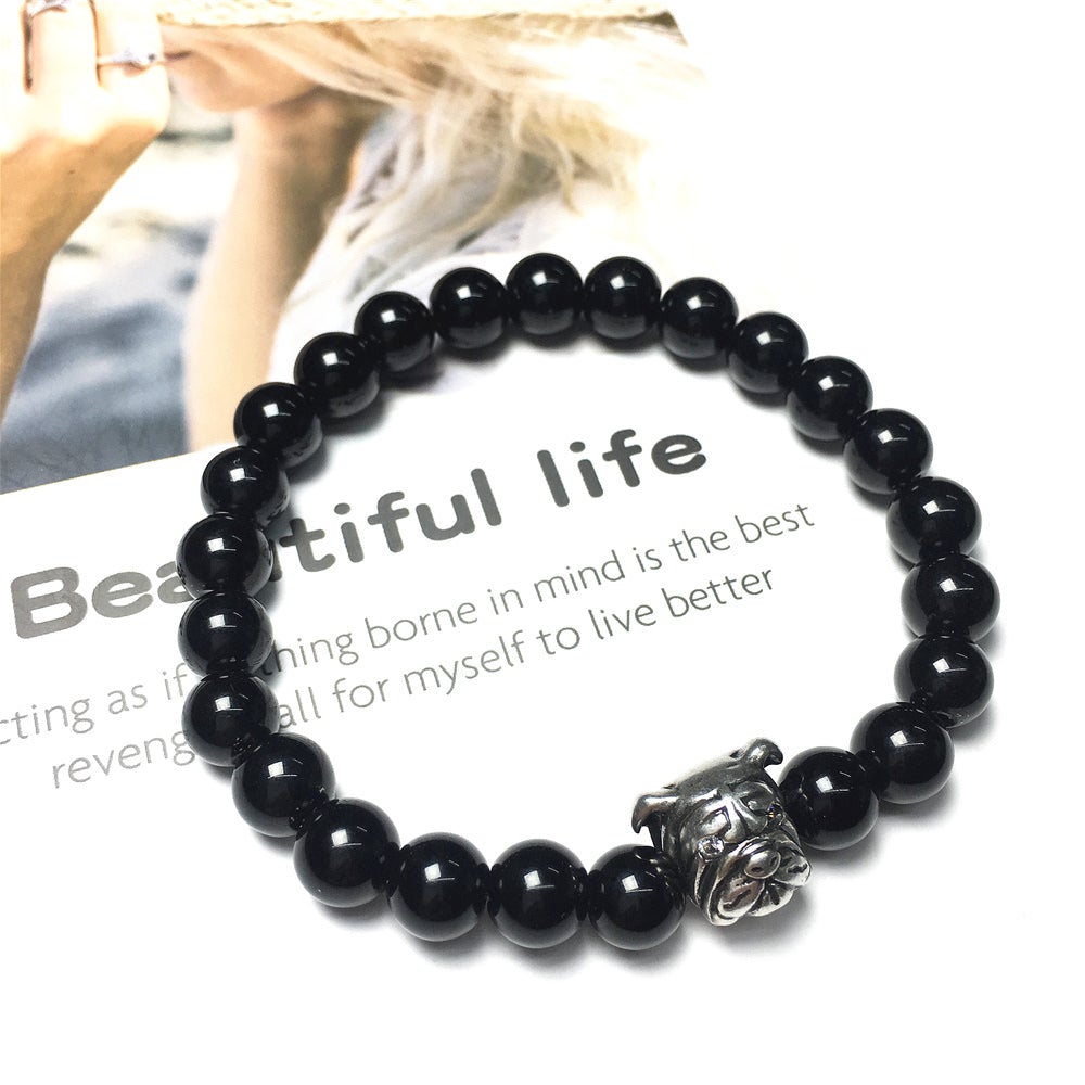 Black Onyx Gemstone Beaded Bracelet Adjustable Bracelet Bulldog Style