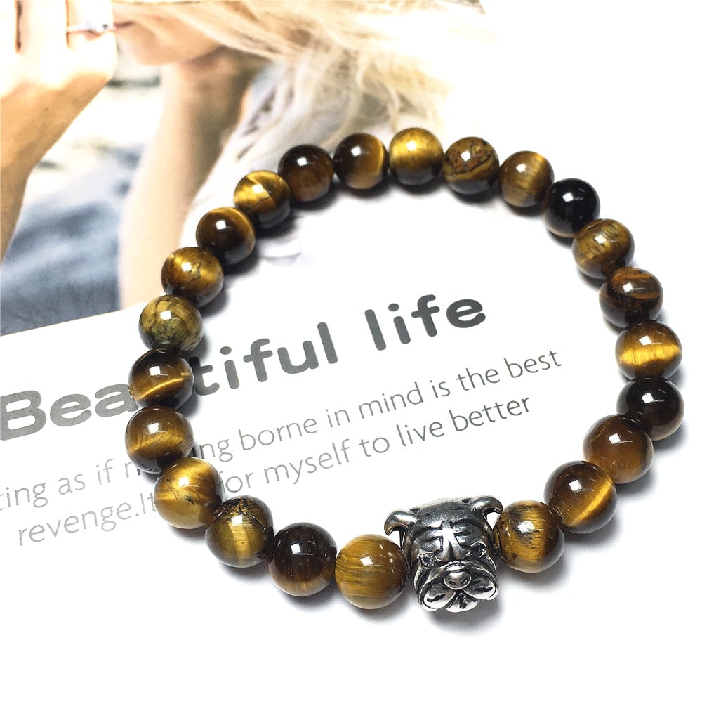 Tiger Eyes Gemstone Beaded Bracelet Elastic Adjustable Bracelet Bulldog Design