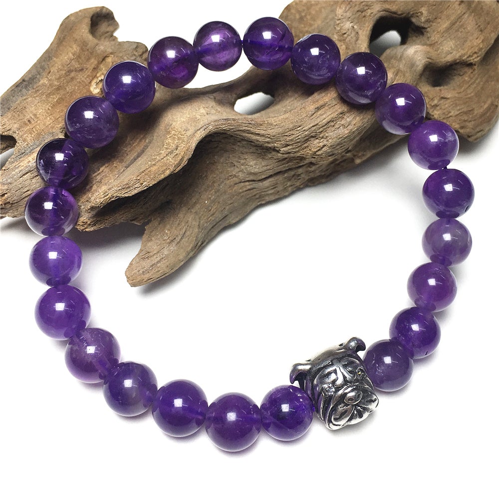 Purple Amethyst Gemstone Beaded Bracelet Elastic Adjustable Bracelet Bulldog Design