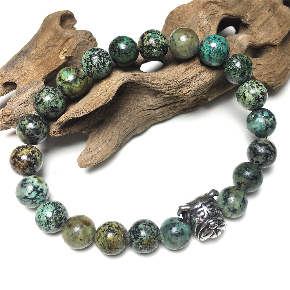 African Turqoiuse Gemstone Beaded Bracelet Adjustable Bracelet Bulldog Style
