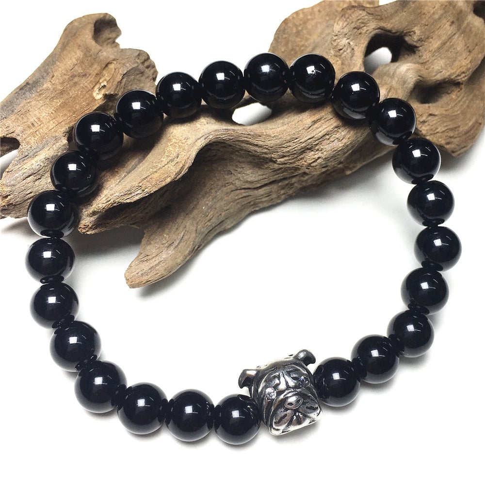 Black Onyx Gemstone Beaded Bracelet Adjustable Bracelet Bulldog Style