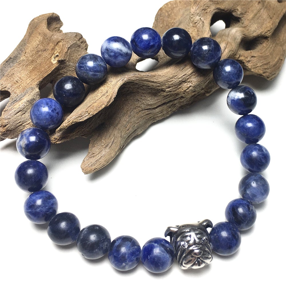 Blue Sodalite Gemstone Beaded Bracelet Elastic Adjustable Bracelet Bulldog Design