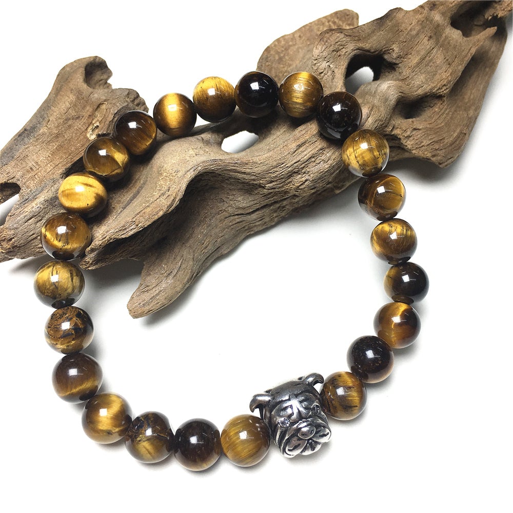 Tiger Eyes Gemstone Beaded Bracelet Elastic Adjustable Bracelet Bulldog Design