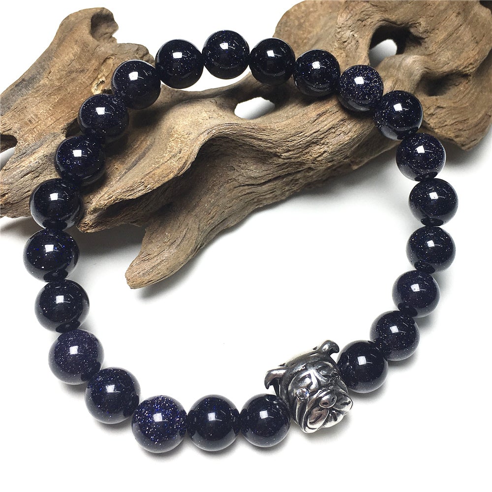 Blue Sandstone Gemstone Beaded Bracelet Elastic Adjustable Bracelet Bulldog Design