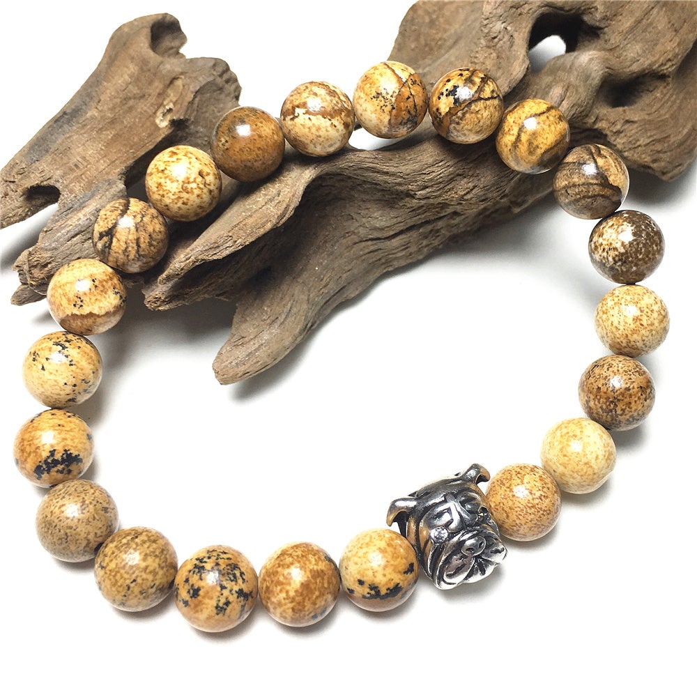 Picture Jasper Gemstone Beaded Bracelet Elastic Adjustable Bracelet Bulldog Style