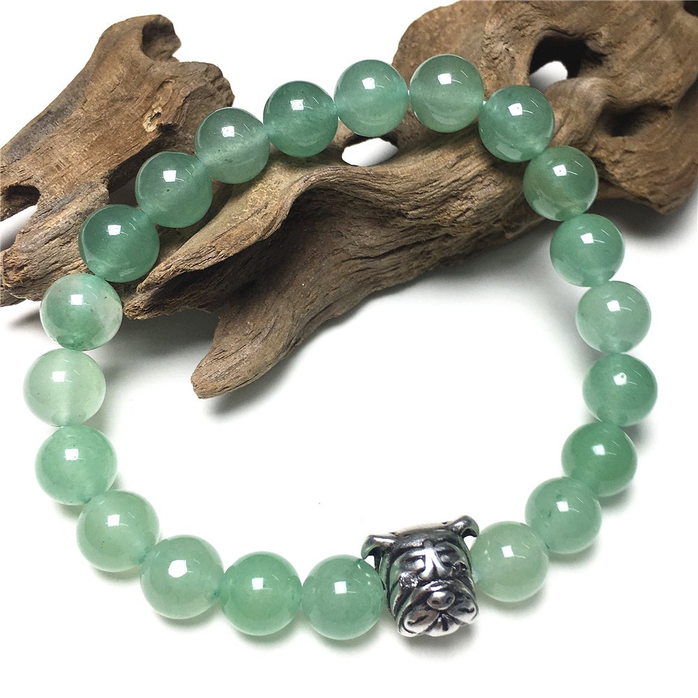 Green Adventurine Gemstone Beaded Bracelet Elastic Adjustable Bracelet Bulldog Style