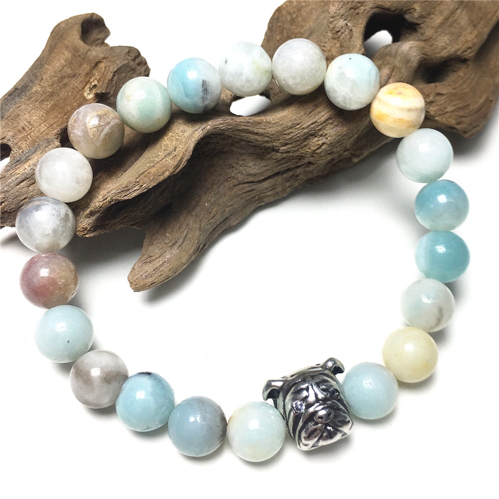 Amazonite Gemstone Beaded Bracelet Elastic Adjustable Bracelet Bulldog Style