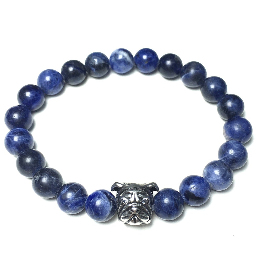 Blue Sodalite Gemstone Beaded Bracelet Elastic Adjustable Bracelet Bulldog Design