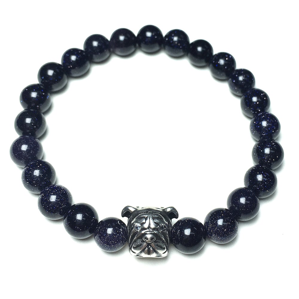 Blue Sandstone Gemstone Beaded Bracelet Elastic Adjustable Bracelet Bulldog Design