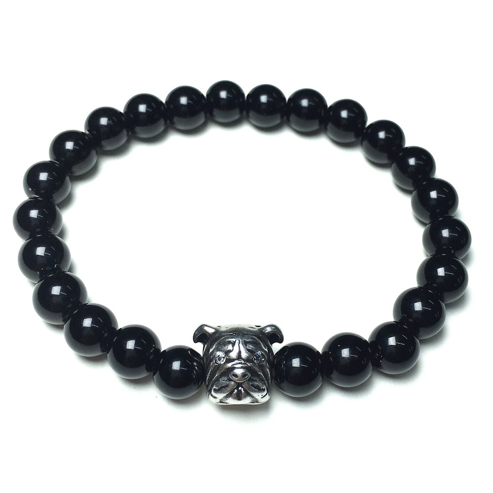 Black Onyx Gemstone Beaded Bracelet Adjustable Bracelet Bulldog Style