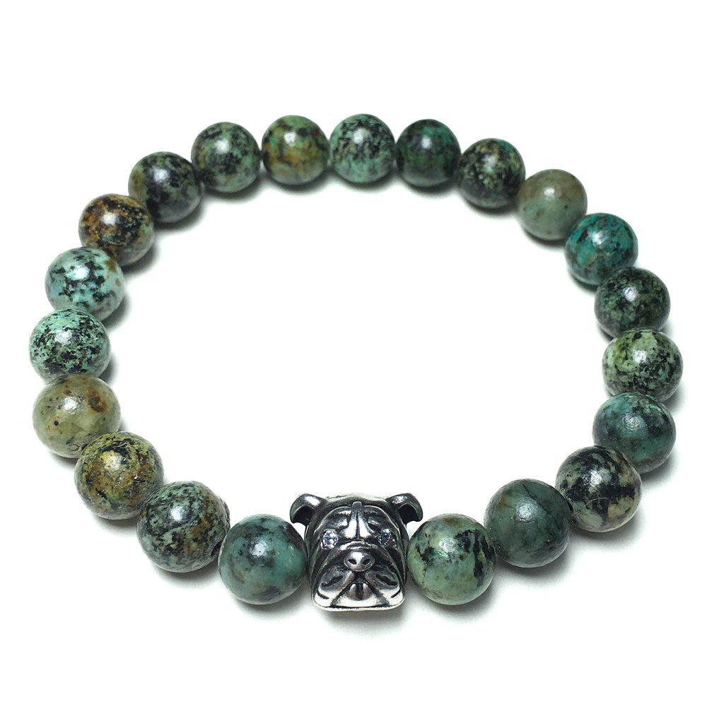 African Turqoiuse Gemstone Beaded Bracelet Custom Beads Adjustable Bracelet Bulldog Style for Women or Men and Fashion Wear