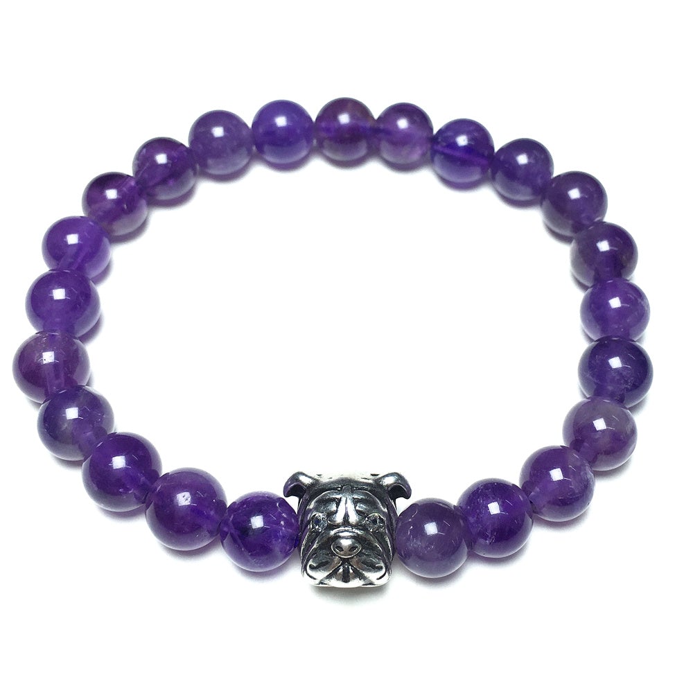Purple Amethyst Gemstone Beaded Bracelet Elastic Adjustable Bracelet Bulldog Design