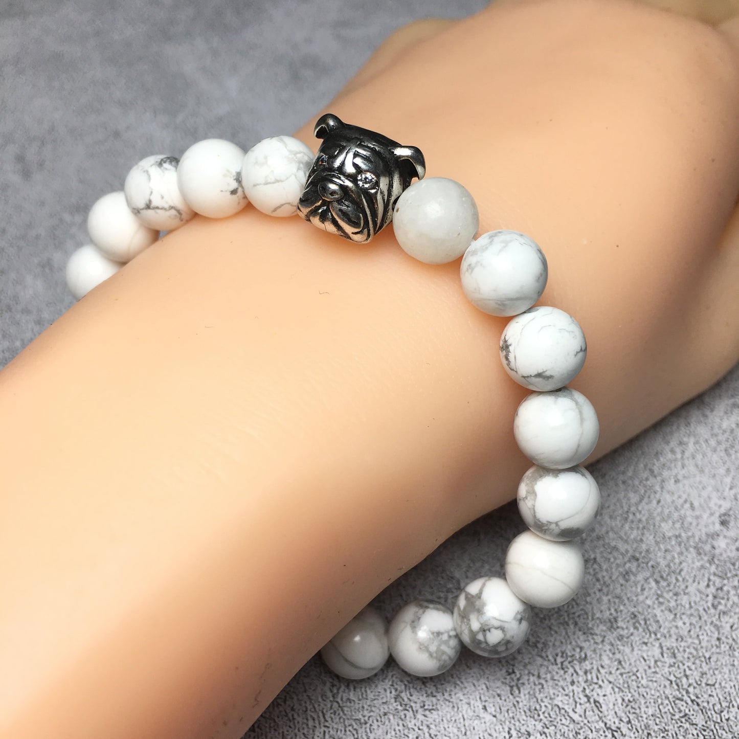 Howlite Gemstone Beaded Bracelet Elastic Adjustable Bracelet Bulldog Design