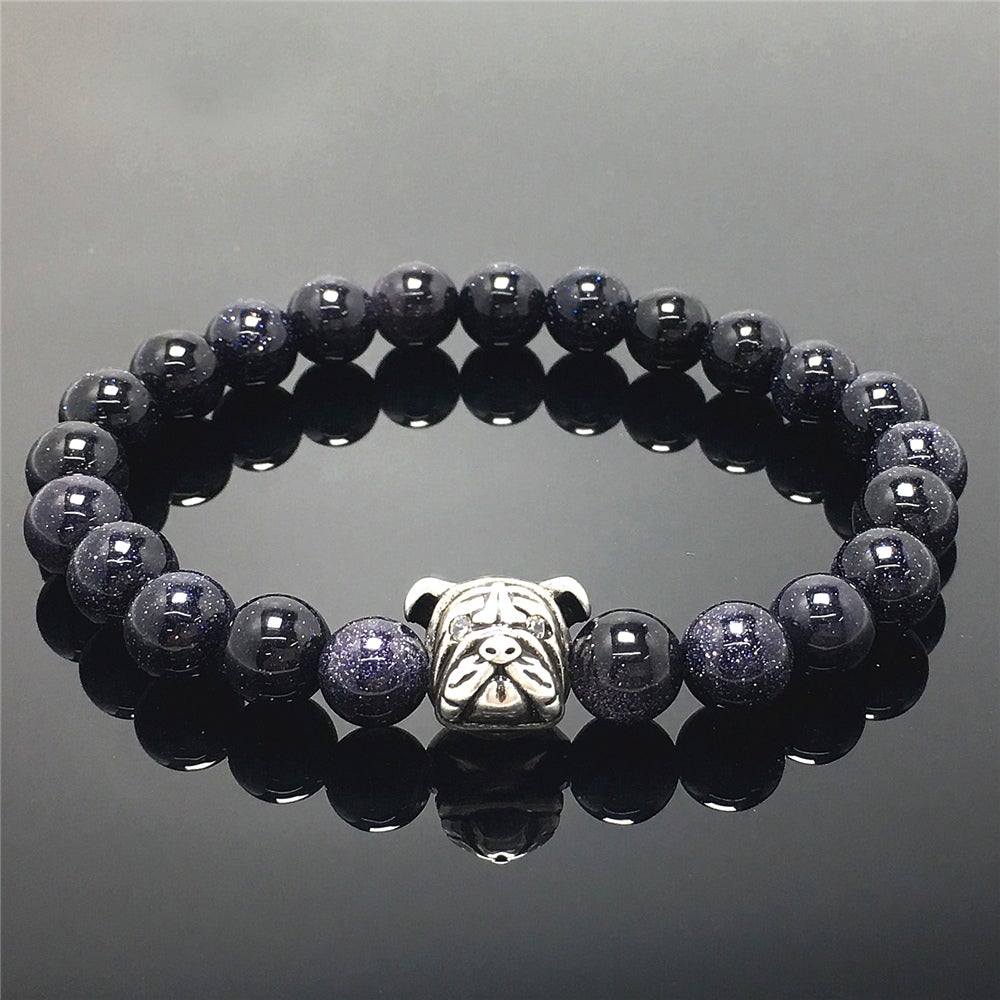 Blue Sandstone Gemstone Beaded Bracelet Elastic Adjustable Bracelet Bulldog Design