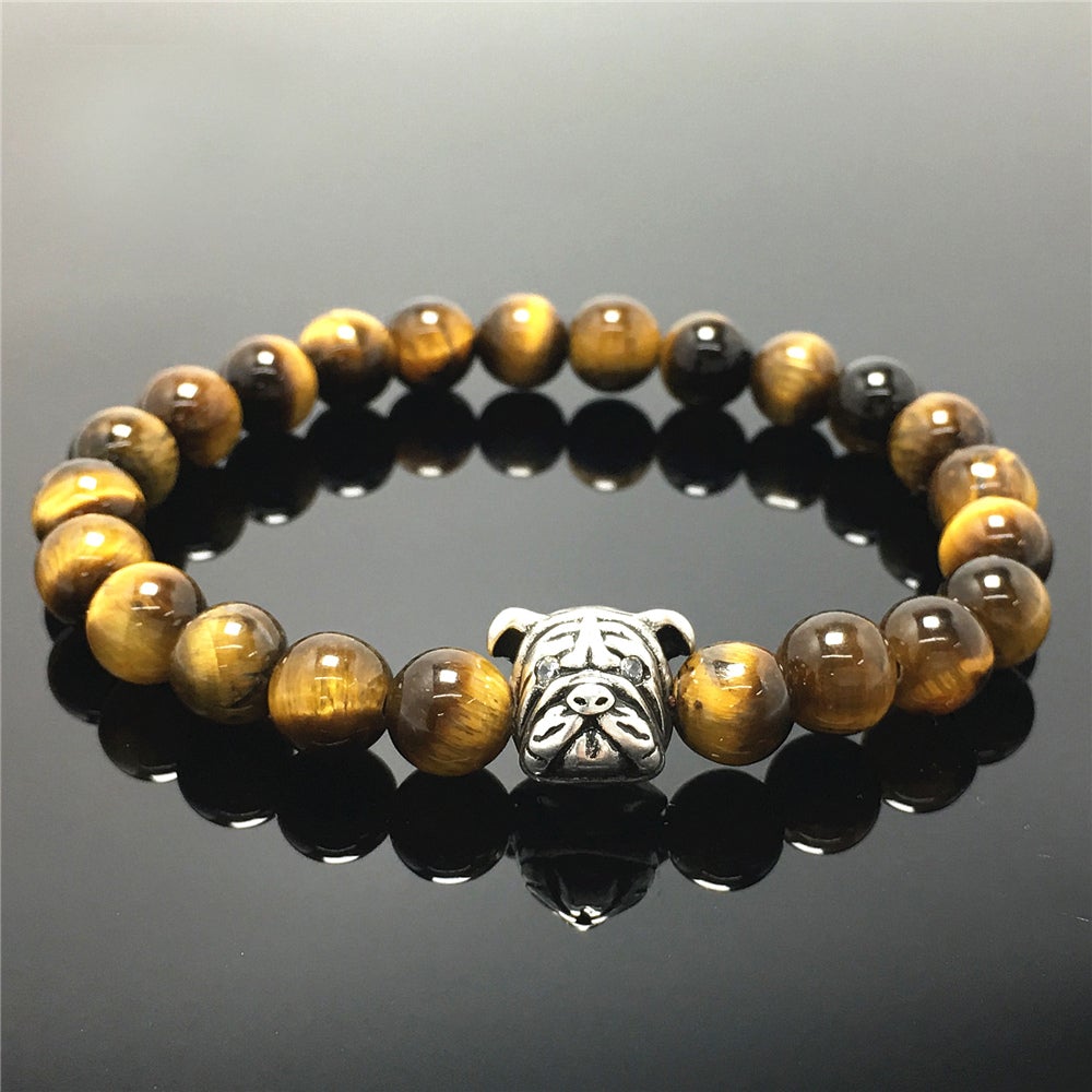 Tiger Eyes Gemstone Beaded Bracelet Elastic Adjustable Bracelet Bulldog Design