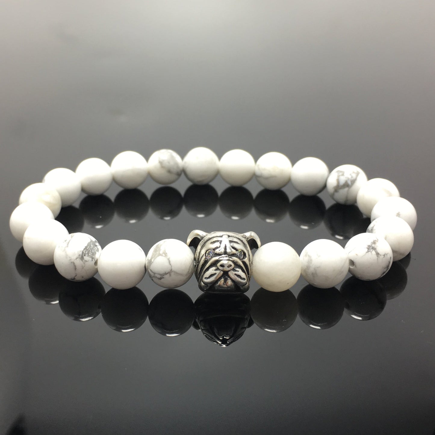 Howlite Gemstone Beaded Bracelet Elastic Adjustable Bracelet Bulldog Design