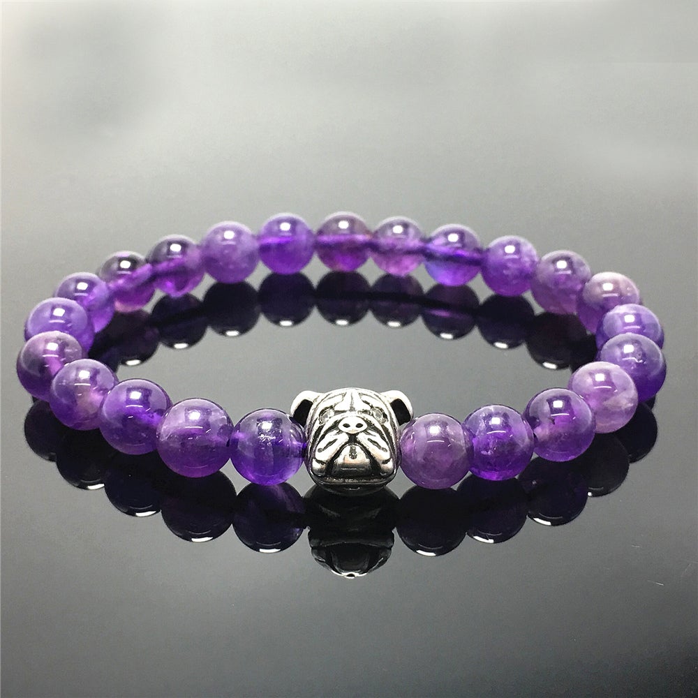 Purple Amethyst Gemstone Beaded Bracelet Elastic Adjustable Bracelet Bulldog Design