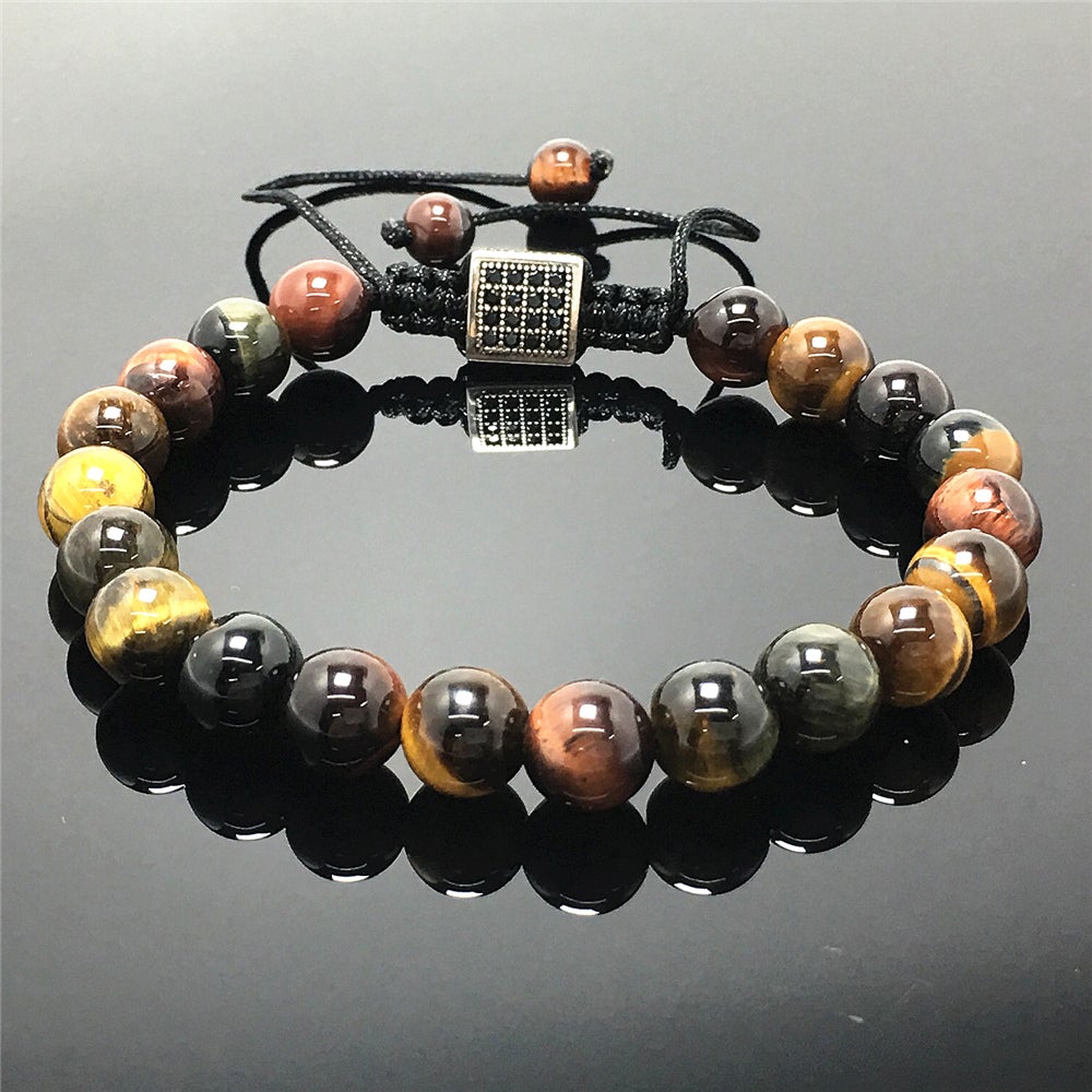 Handmade Natural Multi Color Tigereye Genuine Gemstones Adjustable Braid Rope Bracelet
