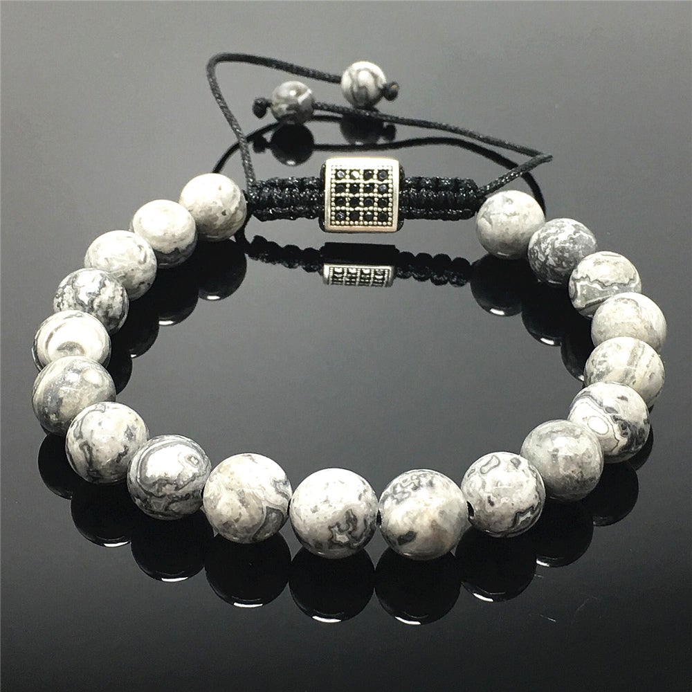 Natural Map Stone Gemstone Adjustable Braid Rope Bangles Stone Beads Bracelets