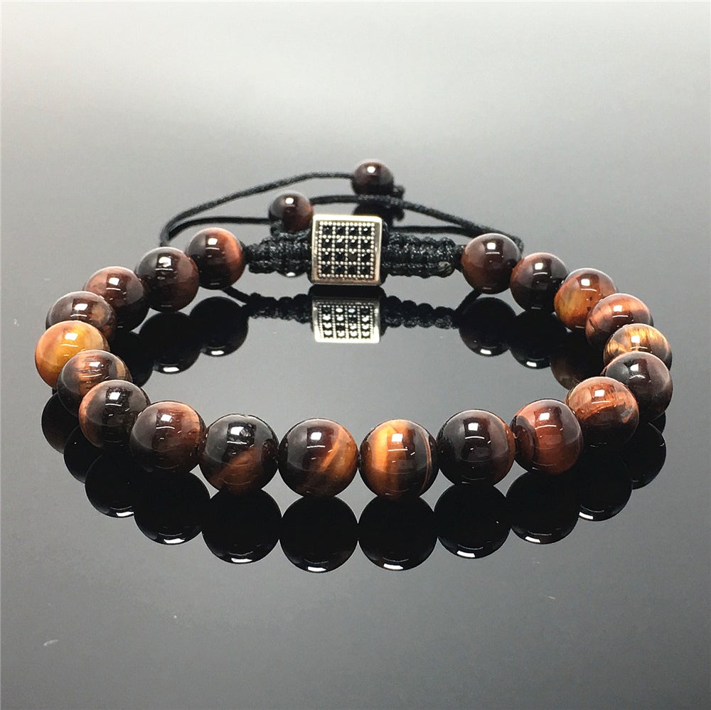 Handmade Natural Red Tiger Eye Genuine Gemstones Adjustable Braid Rope Bracelet