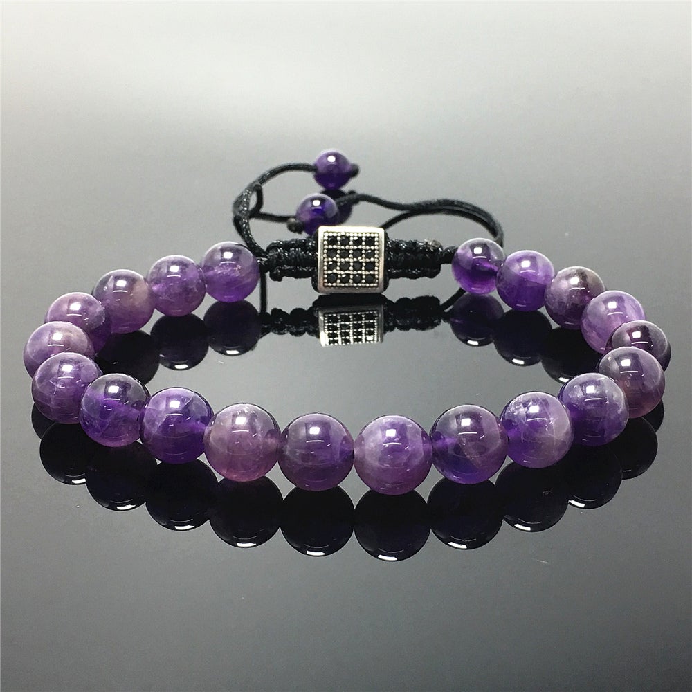 Natural Amethyst Gemstone Adjustable Braid Rope Bracelet Handmade Design