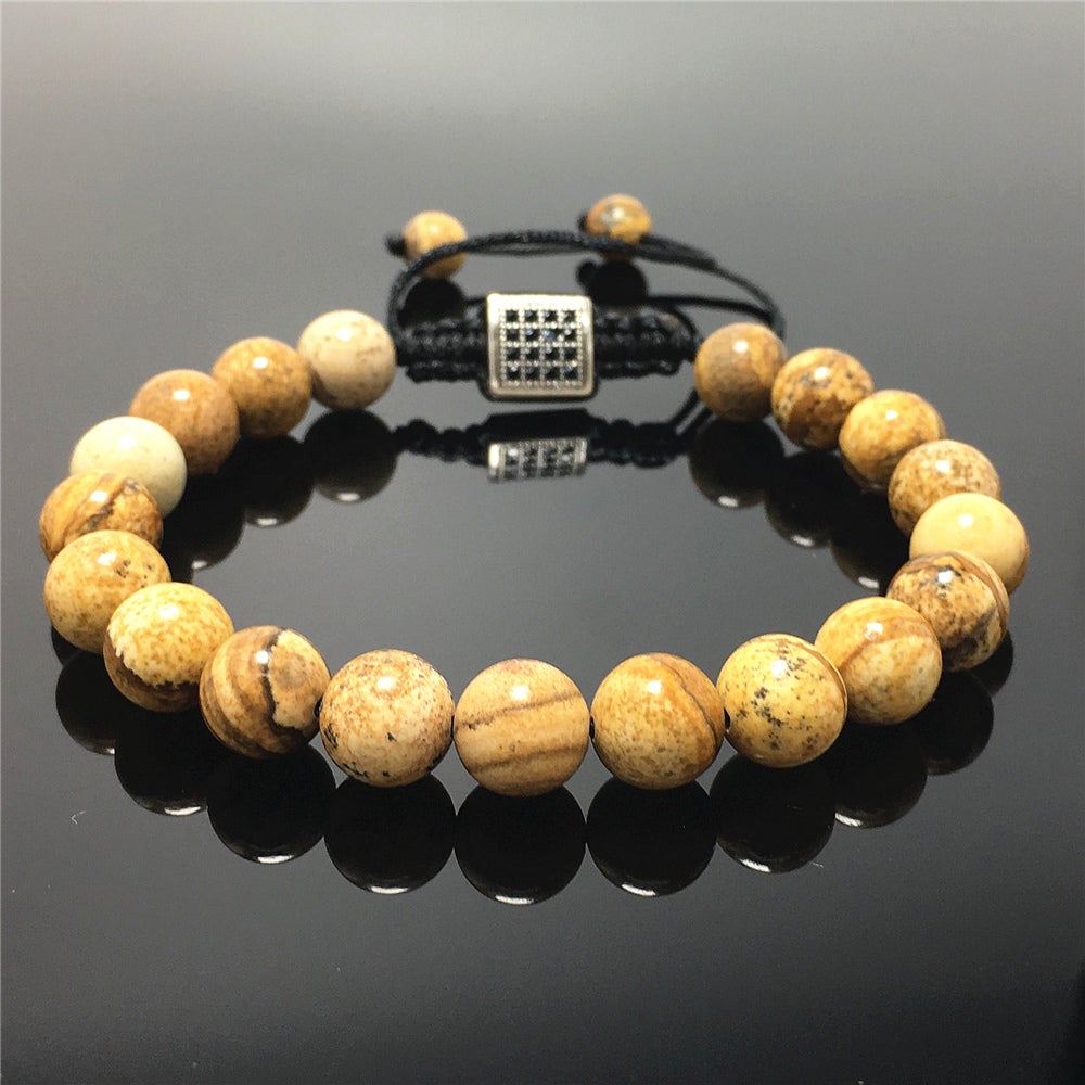 Natural Picture Jasper Gemstone Adjustable Braid Rope Stone Beads Bracelets