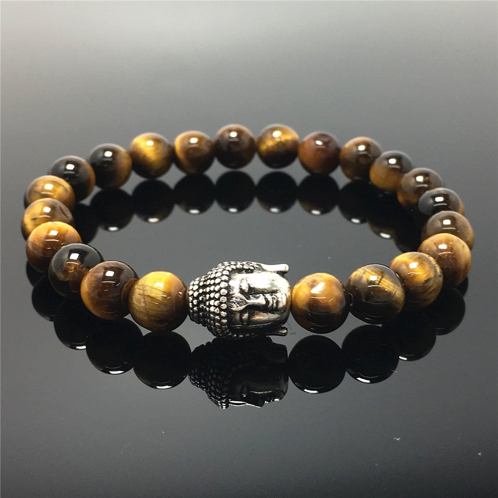 Buddha Head Charm Tiger Eye Stone Handmade Elastic Bracelet
