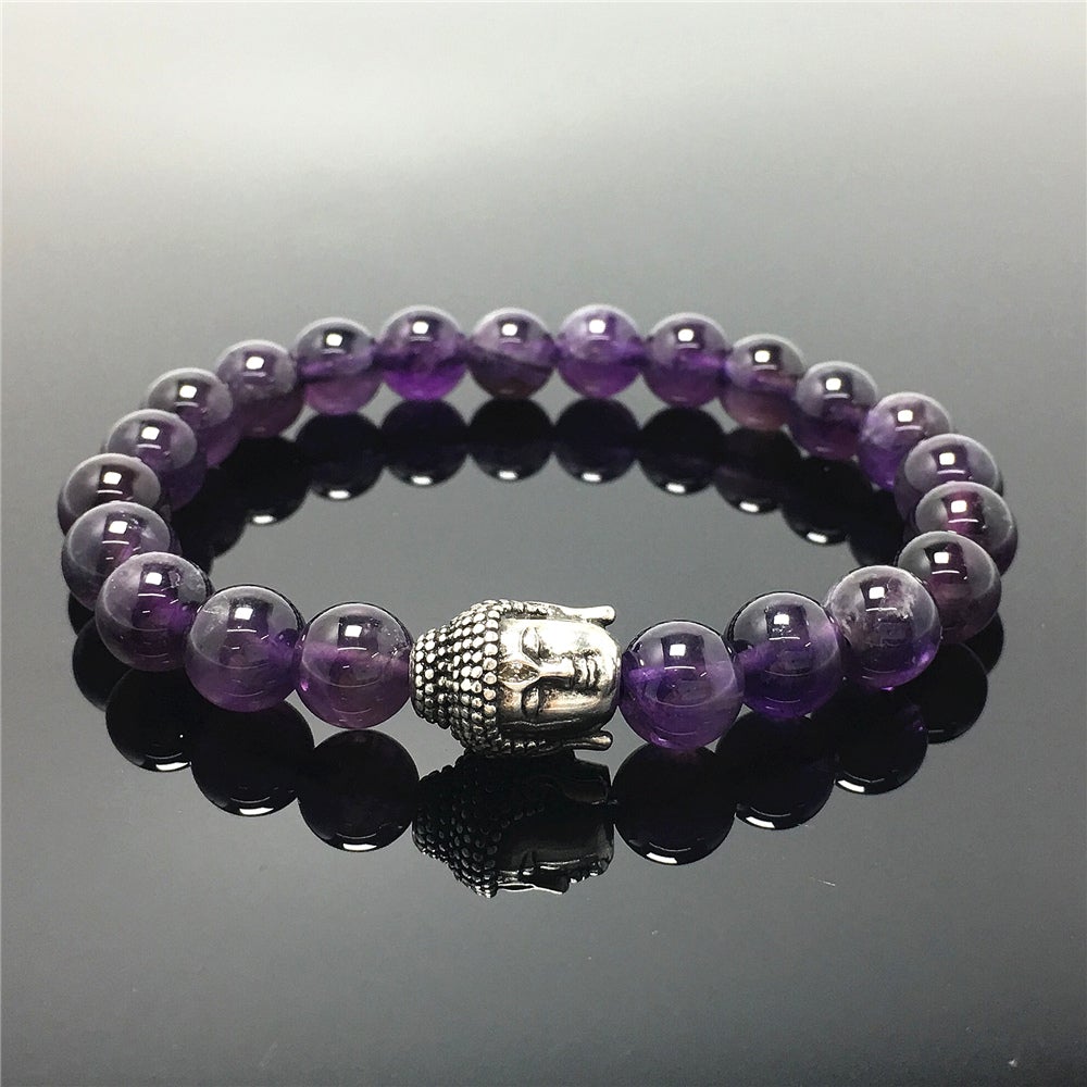 Amethyst Gemstone with Buddha Head Charm Handmade Elastic Bracelet