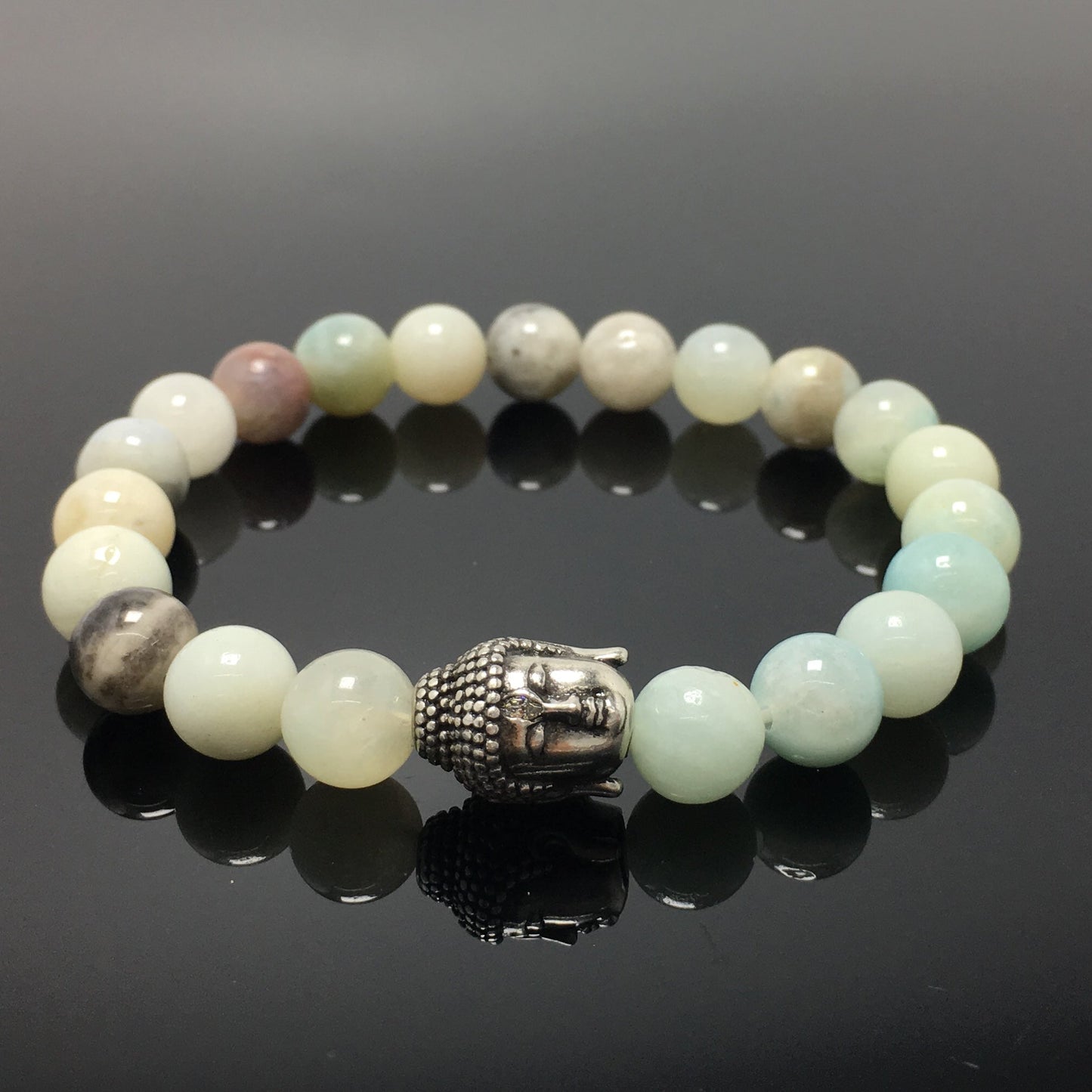 Amazonite Gemstone with Buddha Head Charm Handmade Elastic Bracelet