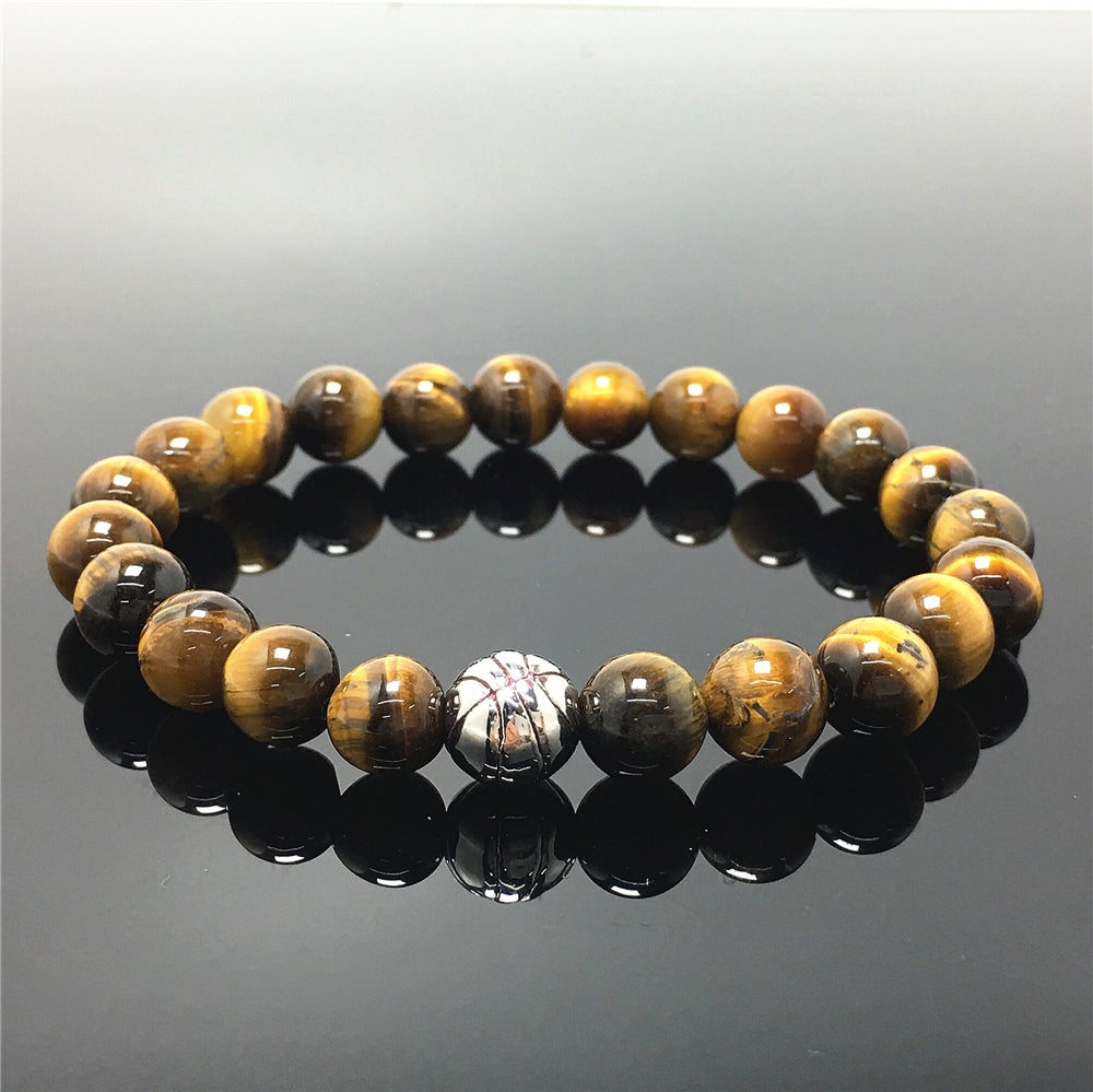 Handmade Natural Tigereye Genuine Gemstones Basketball Charms Beads Bracelet