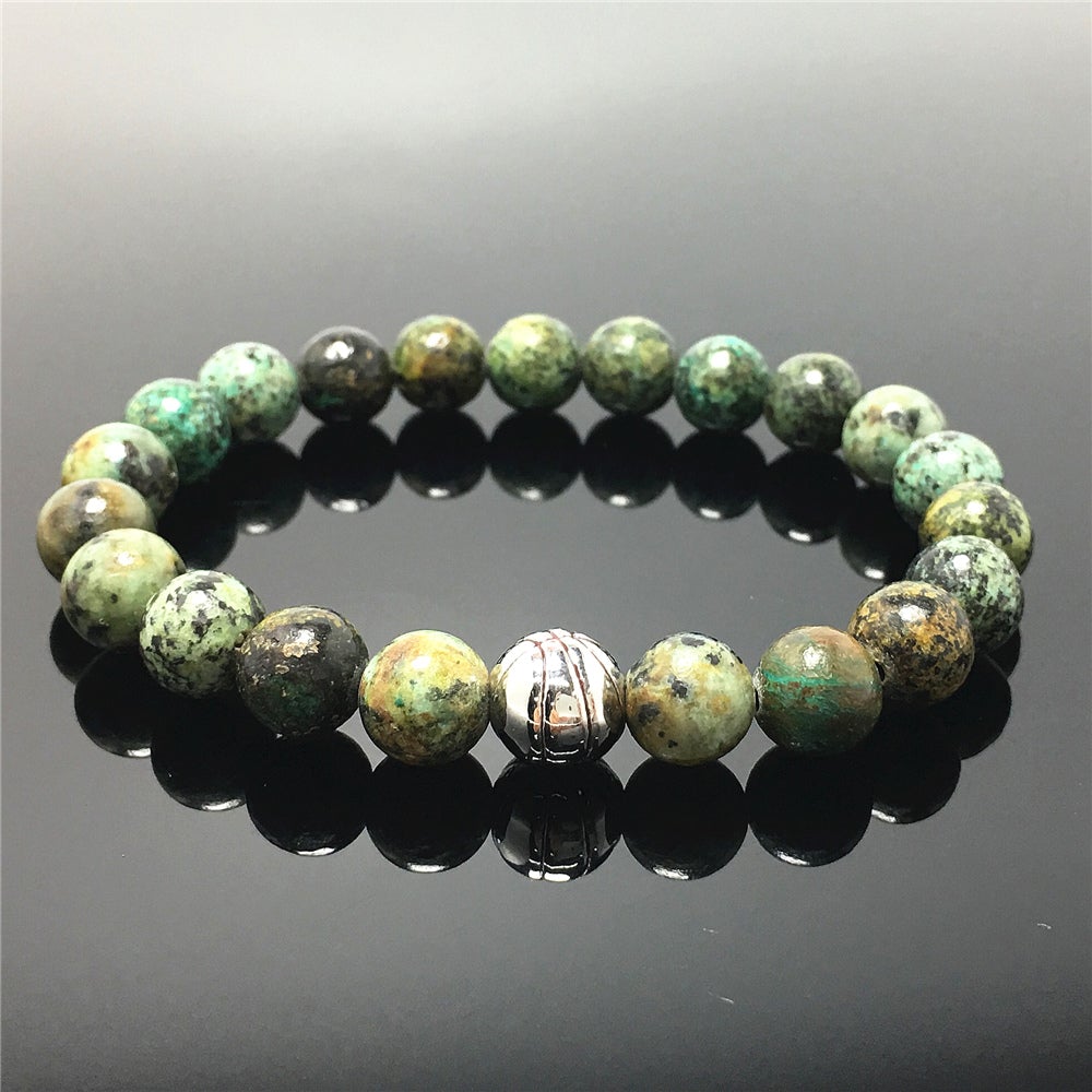 African Turqoiuse Gemstones Handmade Basketball Charms Beads Bracelet