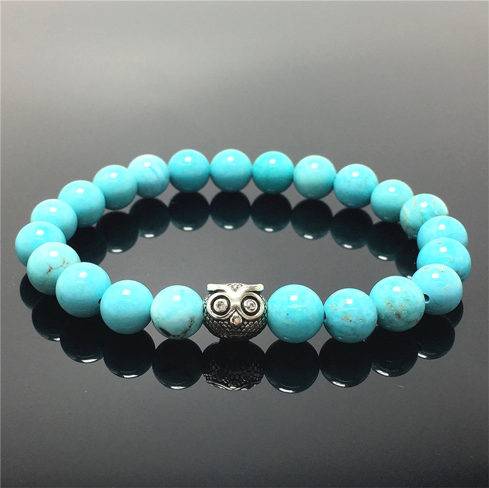 Natural Blue Turquoise Gemstone Elastic Handmade Beaded Bracelet Adjustable Bracelet Owl Design