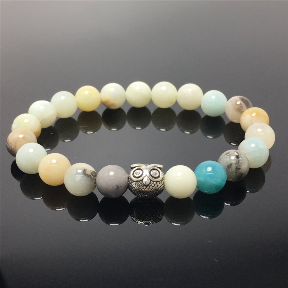 Natural Amazonite Gemstone Elastic Handmade Beaded Bracelet Adjustable Bracelet Owl Design
