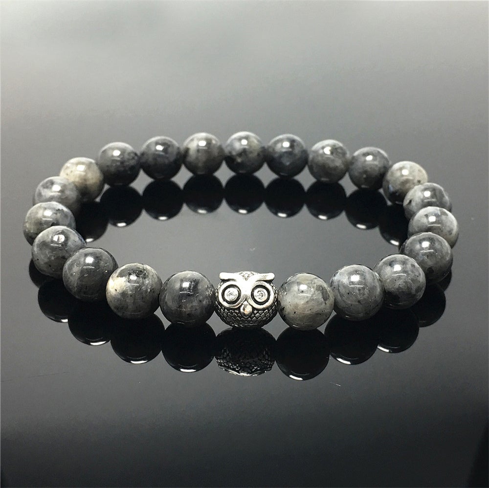 Natural Labradorite Gemstone Elastic Handmade Beaded Bracelet Adjustable Bracelet Owl Design