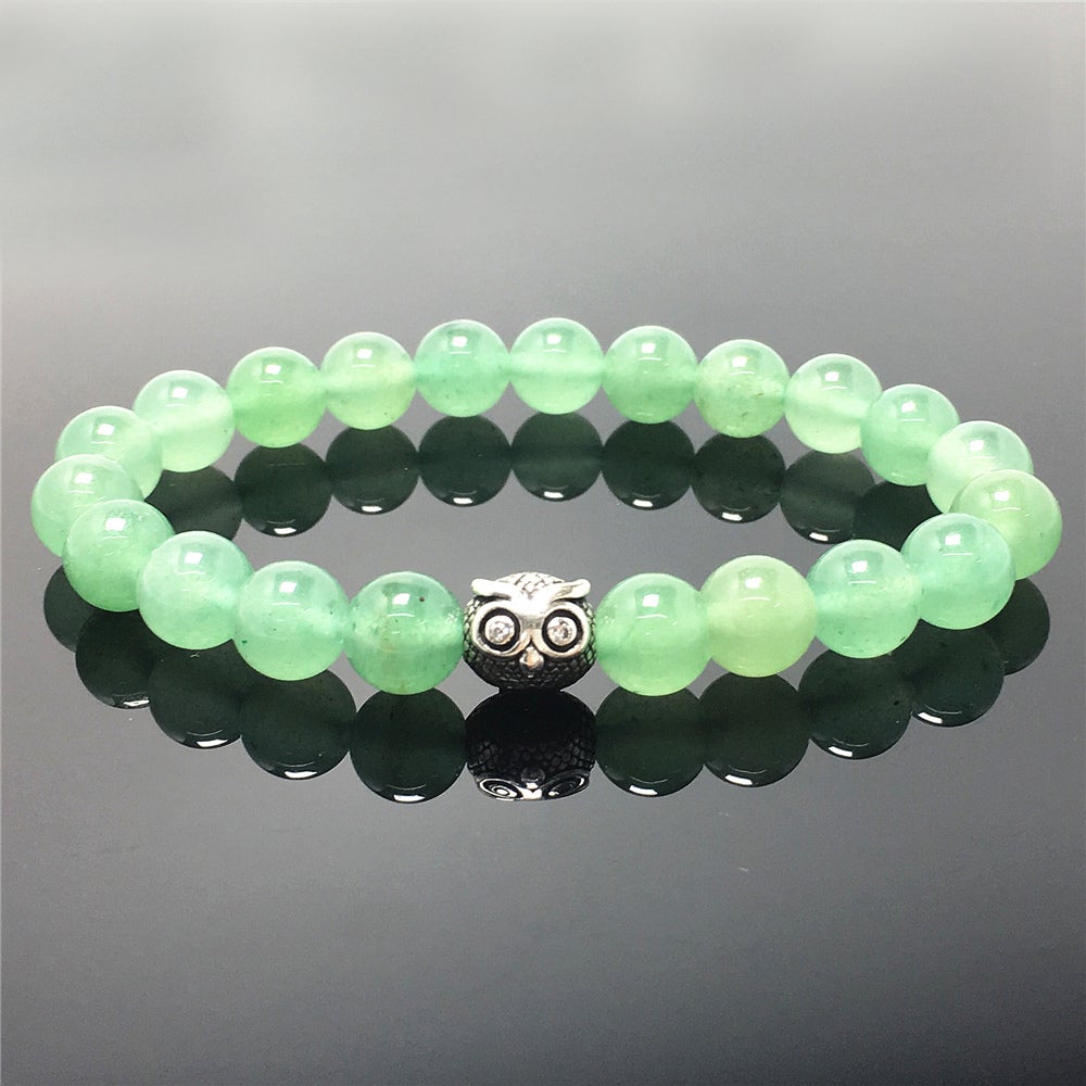 Natural Green Adventurine Gemstone Elastic Handmade Beaded Bracelet Adjustable Bracelet Owl Design