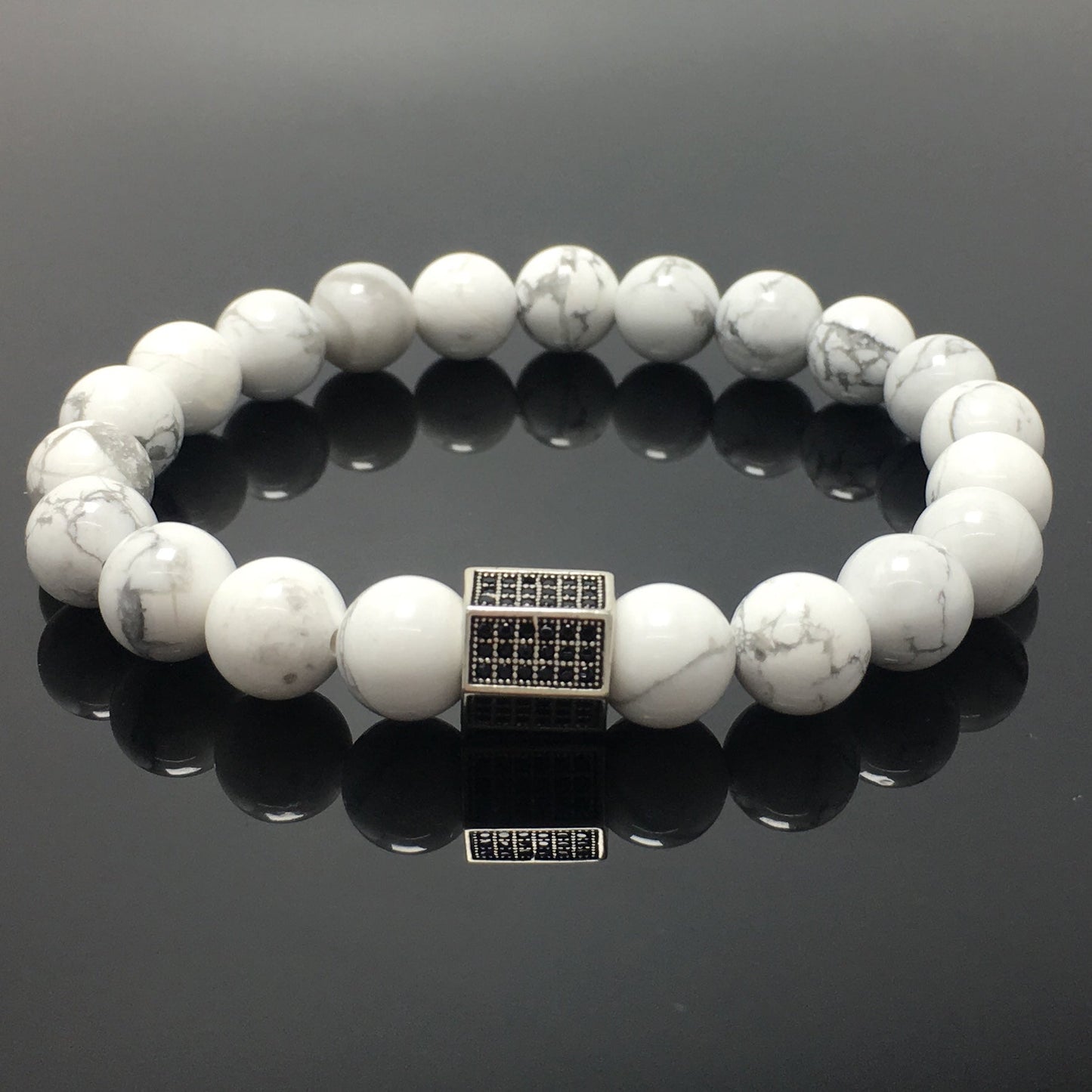 Black Striped CZ Charms Howlite Stone Beads Elastic Rope Handmade Bracelets