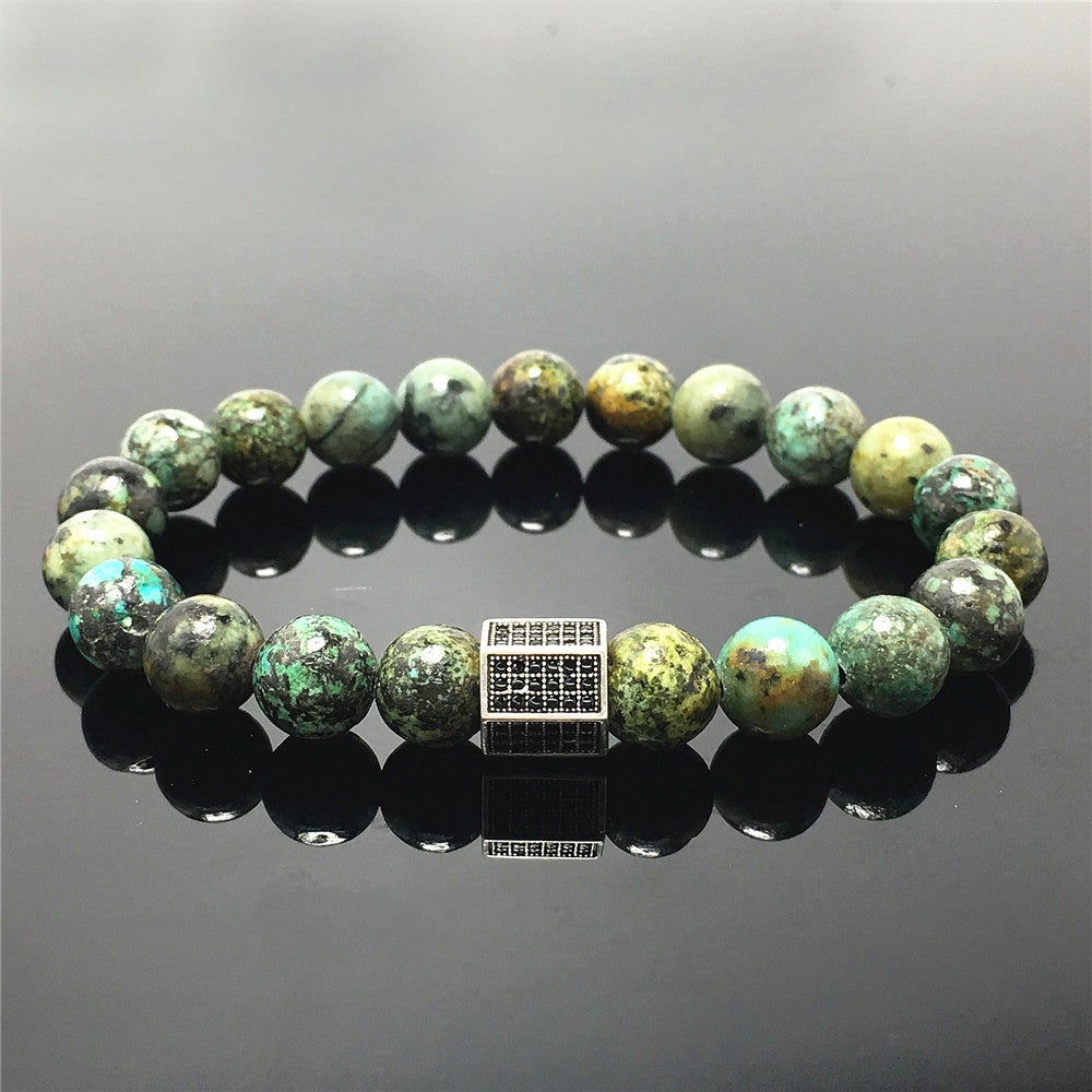 African Turqoiuse Stone Beads with Black Striped CZ Charms Elastic Rope Handmade Bracelets