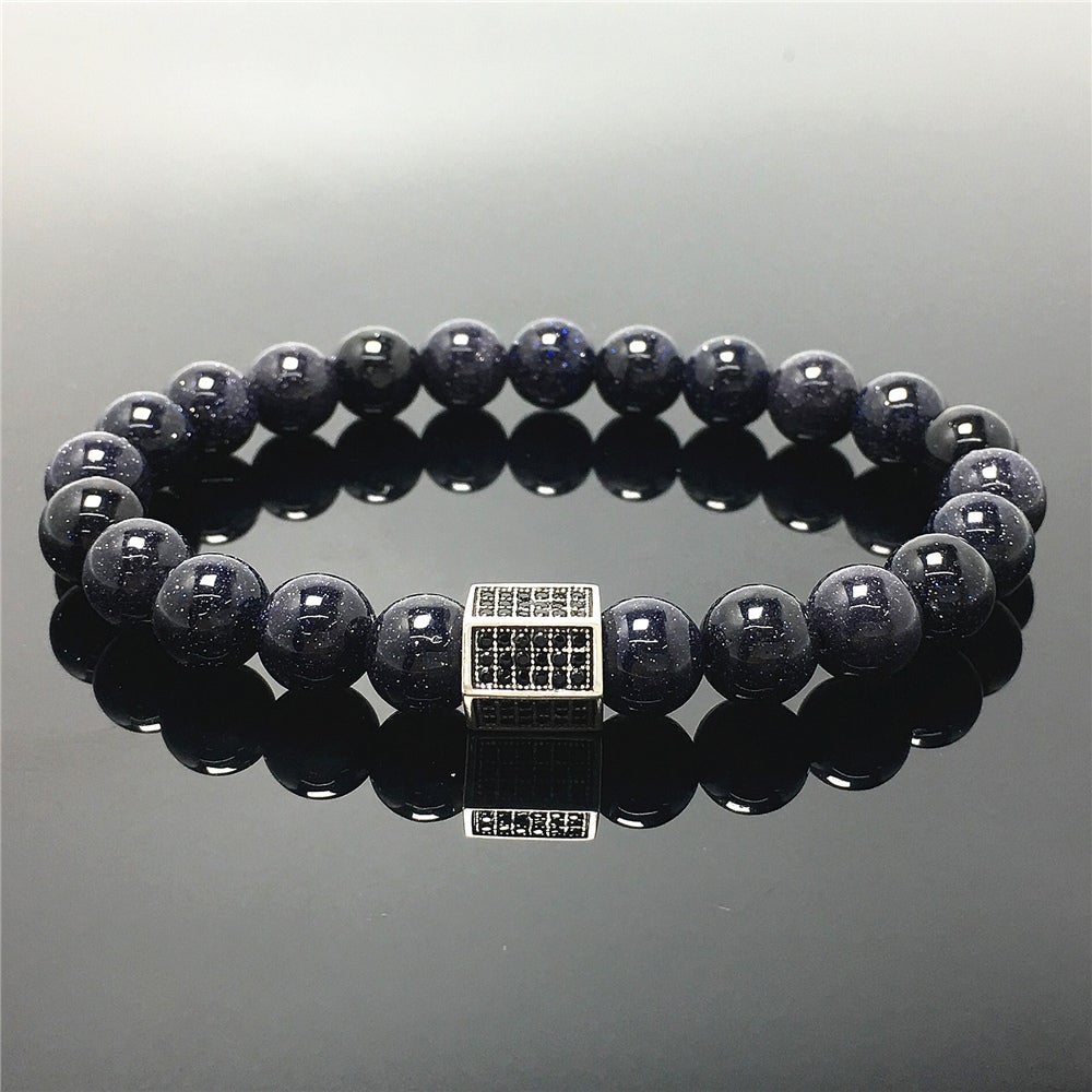 Black Striped CZ Charms Blue Sandstone Stone Beads Elastic Rope Handmade Bracelets